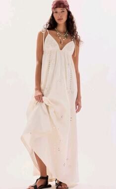 Large Free People NWT Sorrento Stroll Cutwork Maxi Dress Sugar Swizzle White